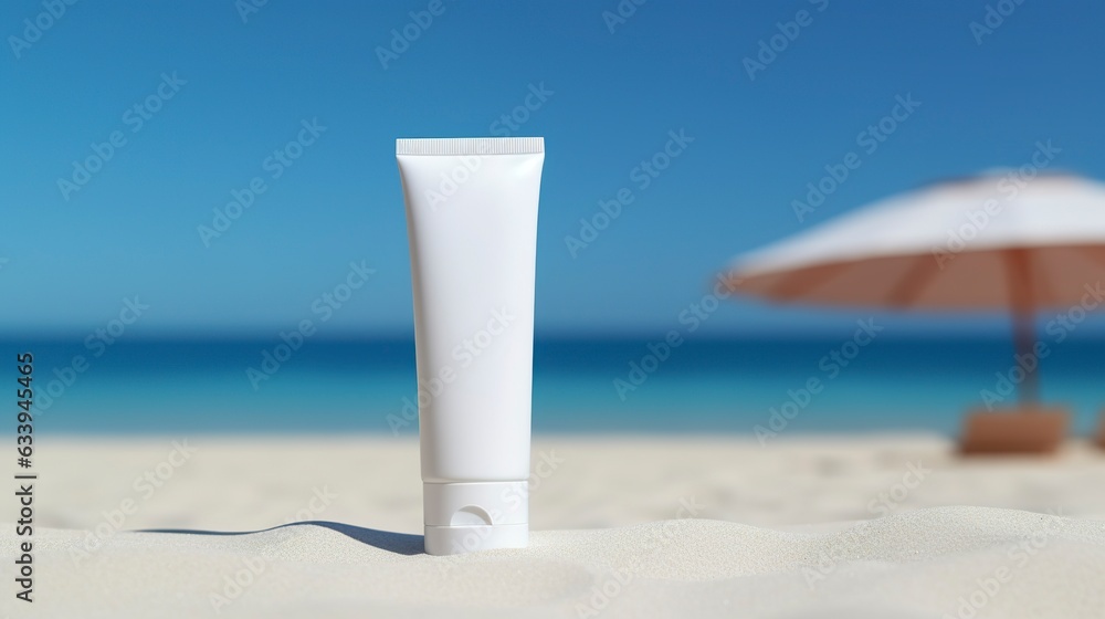 Blank empty white plastic tube. Sunscreen lotion on a sandy beach, summer composition with sunglasses, blue sea as background, copy space. Summer vacation and skin care concept, AI Generative Blank empty white plastic tube. Sunscreen lotion on a sandy beach, summer composition with sunglasses, blue sea as background, copy space. Summer vacation and skin care concept, AI Generative