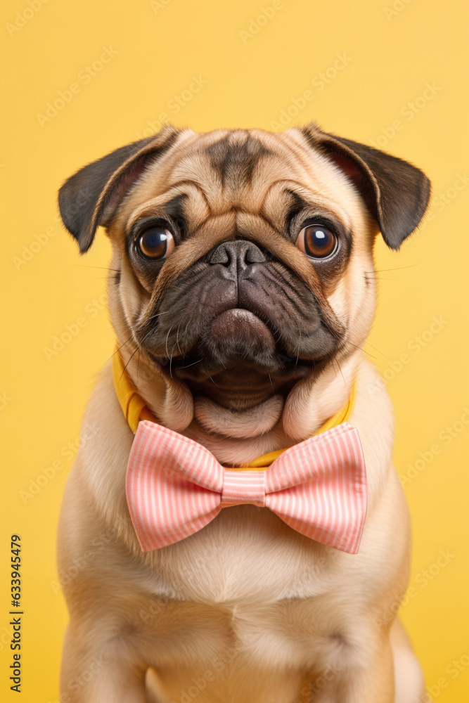 Pug dog with bowtie on pastel background