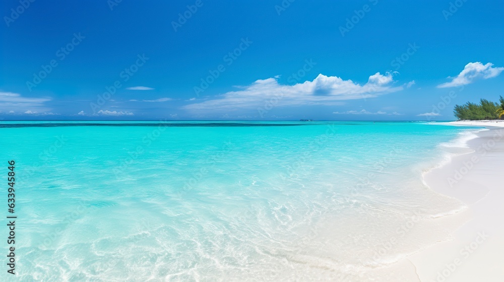 Tropical paradise beach with white sand and crystal clear blue water. Beautiful natural summer vacation holidays background. Travel tourism wide panorama background concept. 