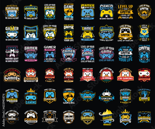 Vintage gaming t shirt design mega bundle template with creative motivation quote and vector shape