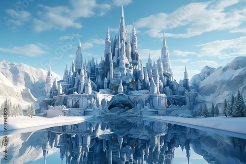 A Snowy Wonderland, A 3D Rendering of Elsa Castle in a Blue Snowy Mountain Background. 