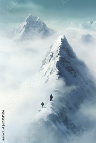 Man on top of mountain, walking through clouds.