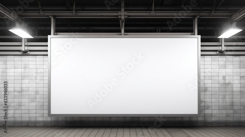a blank rectangle canvas poster billboard hanging on a wall at a railway station