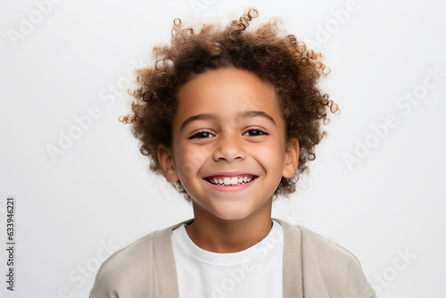 a professional portrait studio photo of a cute mixed race boy laughing and smiling. isolated on white background, ads and web design