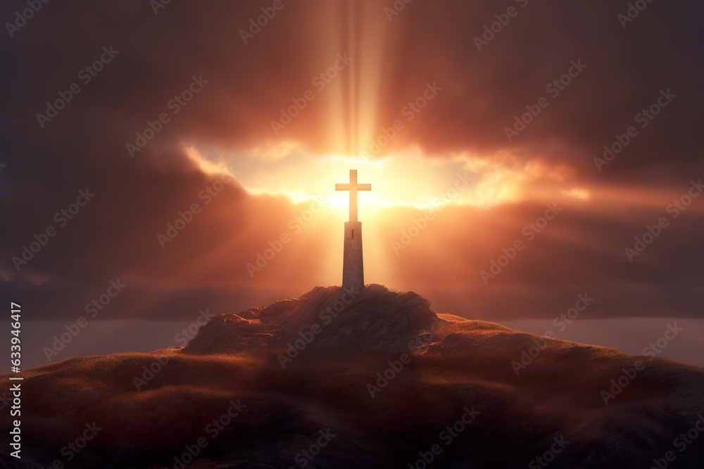 The cross of God in the rays of the sun. Cross on the hill. Religious concept. AI Generative