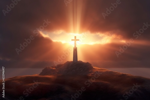 The cross of God in the rays of the sun. Cross on the hill. Religious concept. AI Generative © ANNY