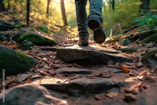 Close up a person's feet walking on rocks, Walking on a trail in the woods, Travel Concept. AI Generative photo