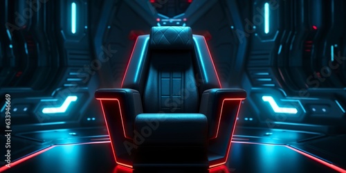 Fototapeta Naklejka Na Ścianę i Meble -  80s Inspired Captain Chair from Star Trek with Neon Lights and Cockpit Interior Background. AI Generative