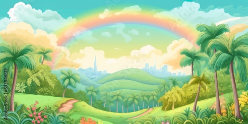 A Cartoon Children Page with a Rainbow and Palm Trees. A Fun and Educational Adventure. AI Generative