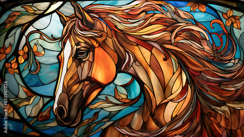 A beautiful stained glass window of a withe horse