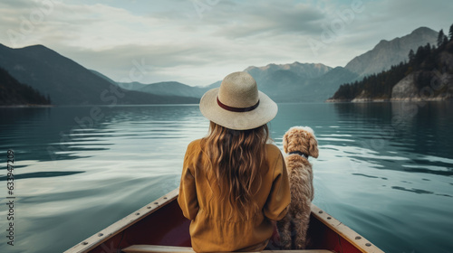 A girl in a white hat travels with a dog in a boat. She and her dog are best friends. Background with a view of the mountains and the back side of a tourist woman with a boat.