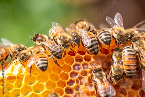 honey bees on honeycomb in apiary in summertime.
