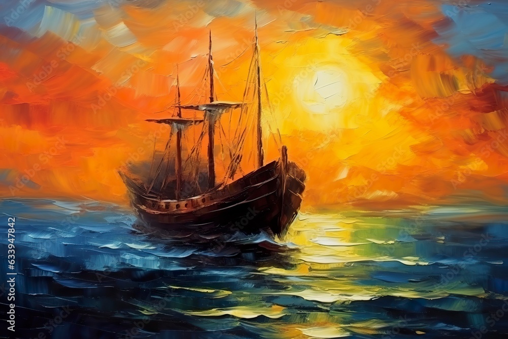 Obraz premium Oil Painting of a Fisherman Boat at Sunset on Sea. Sea Landscape concept. 