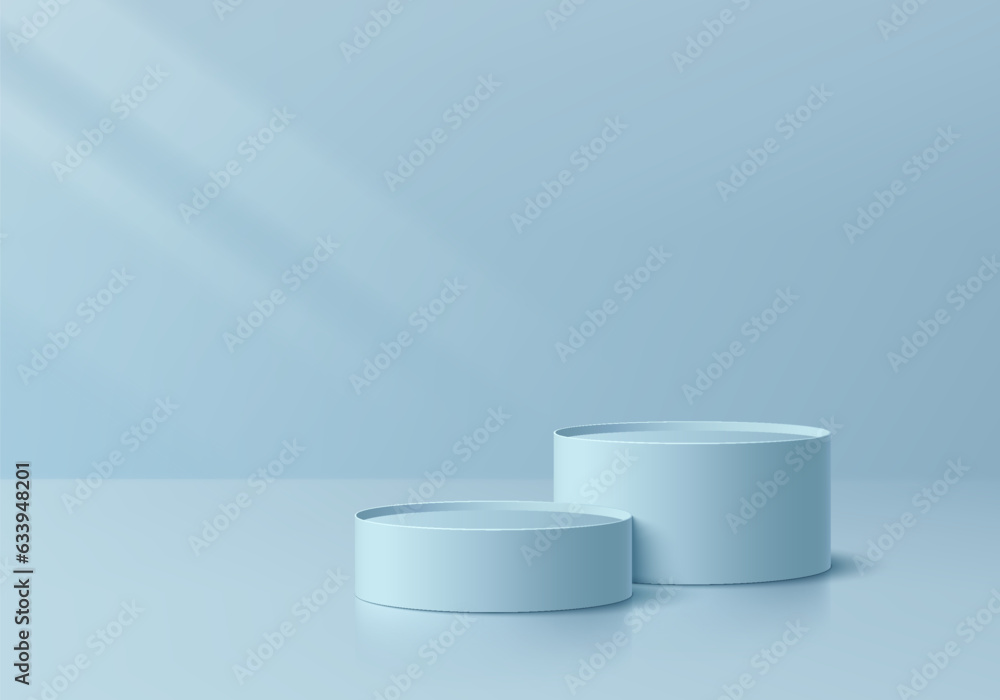 3D podium background. Realistic level blue cylinder pedestal set with light and shadow wall scene. Abstract composition in minimal design. Platforms mockup product display presentation. Stage showcase 3D podium background. Realistic level blue cylinder pedestal set with light and shadow wall scene. Abstract composition in minimal design. Platforms mockup product display presentation. Stage showcase