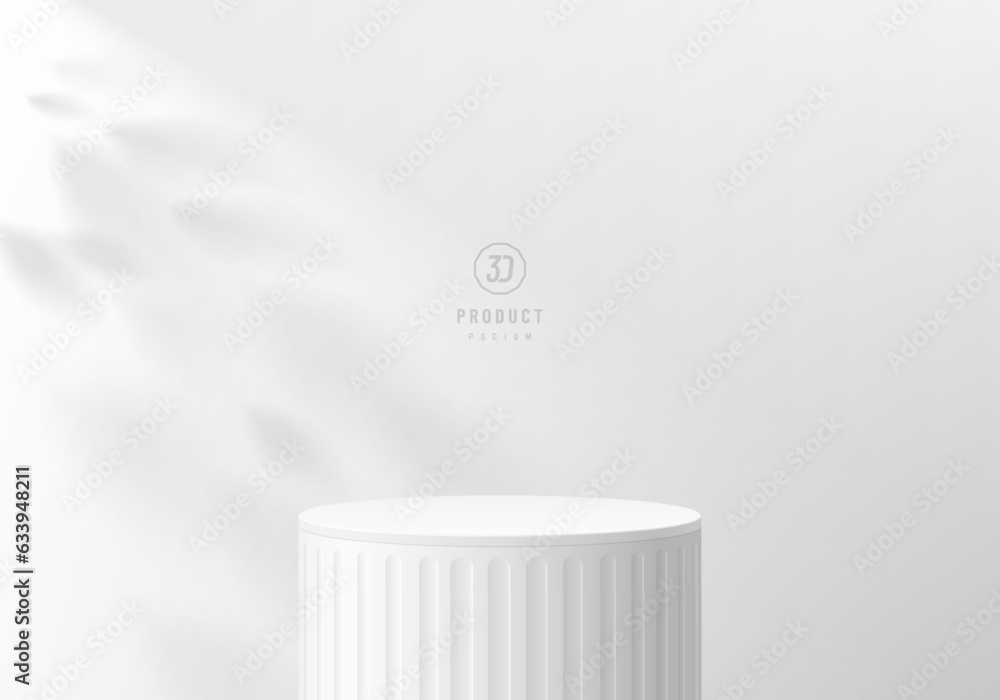 3D white podium background. Realistic pedestal and window light, leaf