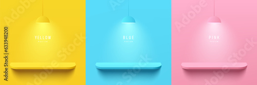 Set of 3d background yellow, blue and pink cylinder shelf podium with glowing hanging lamp scene. Abstract composition in minimal design. Platforms mockup product display presentation. Stage showcase.