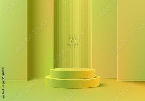 3D podium background, Realistic green yellow cylinder pedestal and layers vertical backdrop wall scene. Abstract composition in minimal design. Platforms mockup product presentation. Stage showcase.