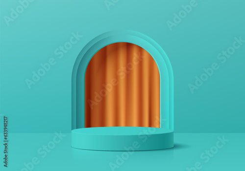 3D podium background. Green blue cylinder pedestal and orange curtain in arch window on wall scene. Abstract composition in minimal design. Platforms cosmetic product presentation. Stage showcase.