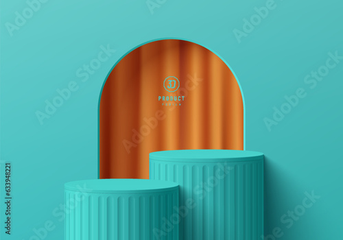 3D background. Green blue cylinder stand podium set and orange curtain in arch window scene. Abstract composition in minimal design. Platforms cosmetic product display presentation. Stage showcase.
