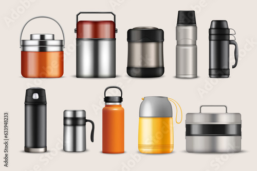 Thermo food mugs. 3d silver and colorful different forms containers, coffee or tea sport portable box, metal camping drink realistic bottle. Travel blank equipment. Vector isolated set