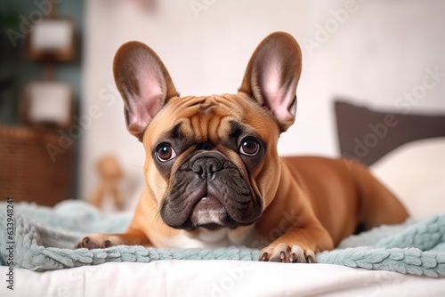 Cute French bulldog in a bedroom, closeup. © ANNY