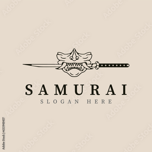 samurai mask and katana sword line art logo vector illustration template design.