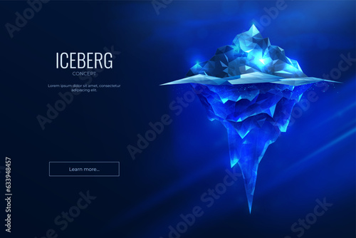 Digital iceberg. Glacier ice rock in ocean. Climate warming. Antarctica technology. Global environment. Icy mountain hidden in arctic sea water. Cold peak. Glow sparks. Vector background