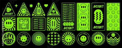 Y2k smiles. Psychedelic stickers. Trippy acid face and cool melt graphic. Happy 90s geometric bright shapes. Alien emoji. Neon green crazy emoticons. Rave vibes. Vector elements set