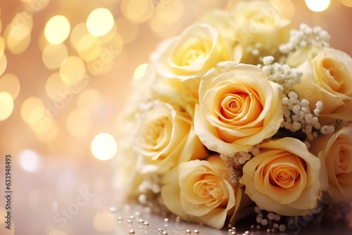 Yellow roses bouquet and pearls  champagne on abstract blur pastel background. Wedding flowers and bright bokeh glitter backdrop