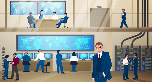 Control room. Military command center. Mission management. Employees in security operation office. Work team. Electronic technology equipment. Servers and computers. Vector illustration