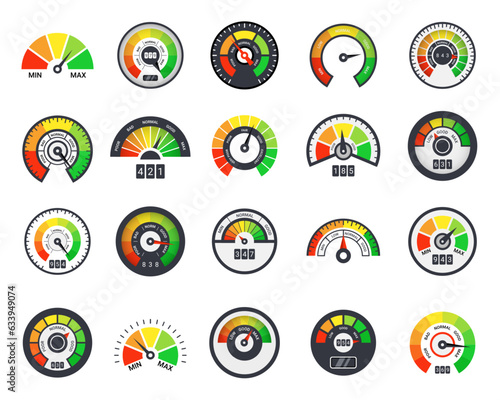 Speedometer gauge meter. Credit score. Min or max scale. Rate level indicator with arrow. Customer satisfaction low or high. Speed measurement. Dashboard element. Vector flat icons set