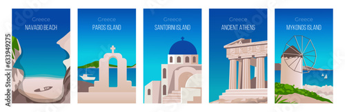 Greek tourism posters. Ancient Athens. Abstract graphic landscape. Parthenon pillars. Vintage buildings. Summer seascape. Yacht boat. Greece landmark. Vector travel banners design set