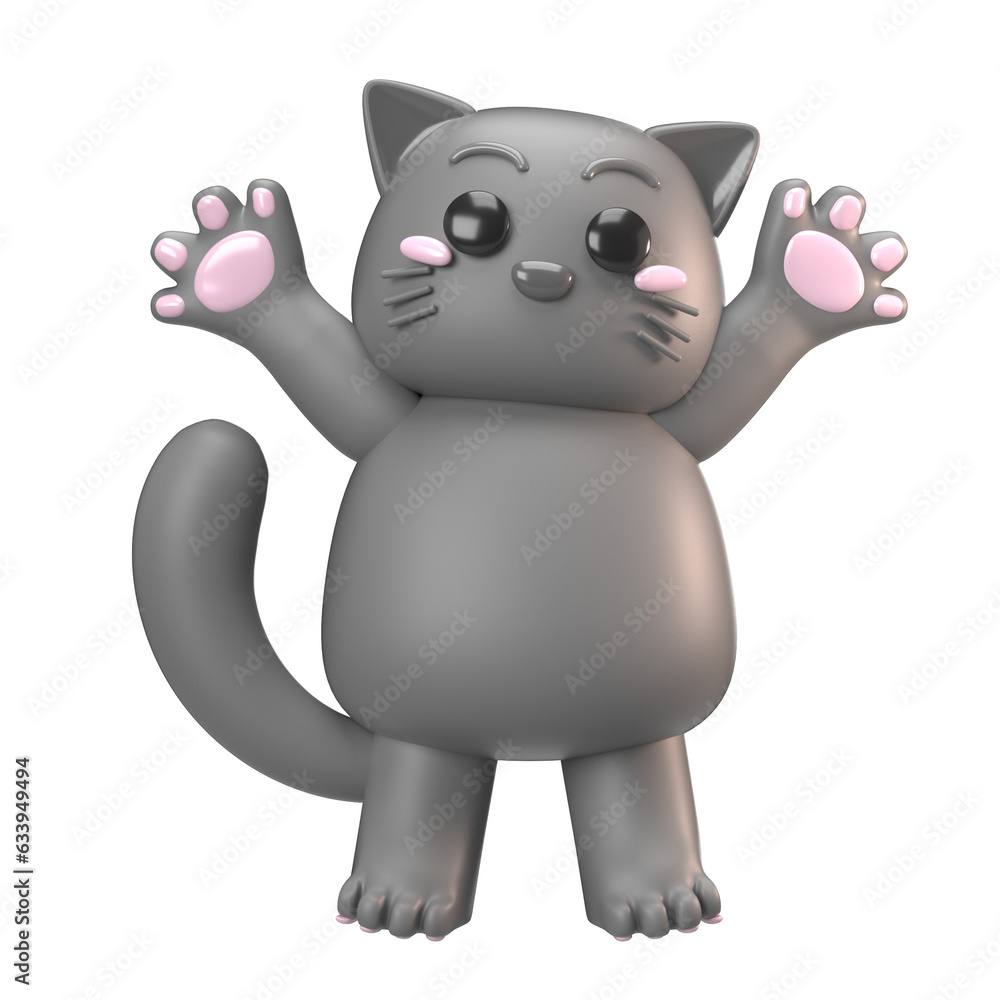 3D grey cat raising both hands 3D grey cat raising both hands