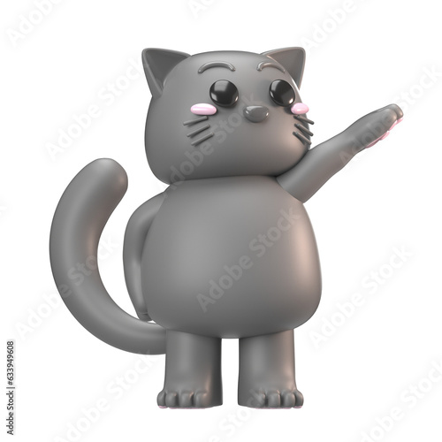 3D grey cat character raising its paw