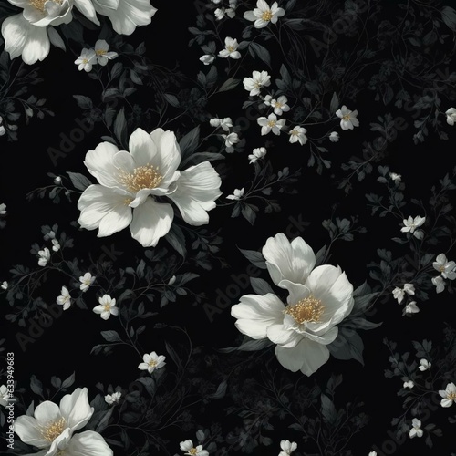 a close-up of a black and white flower pattern background with white flowers. AI-Generated.