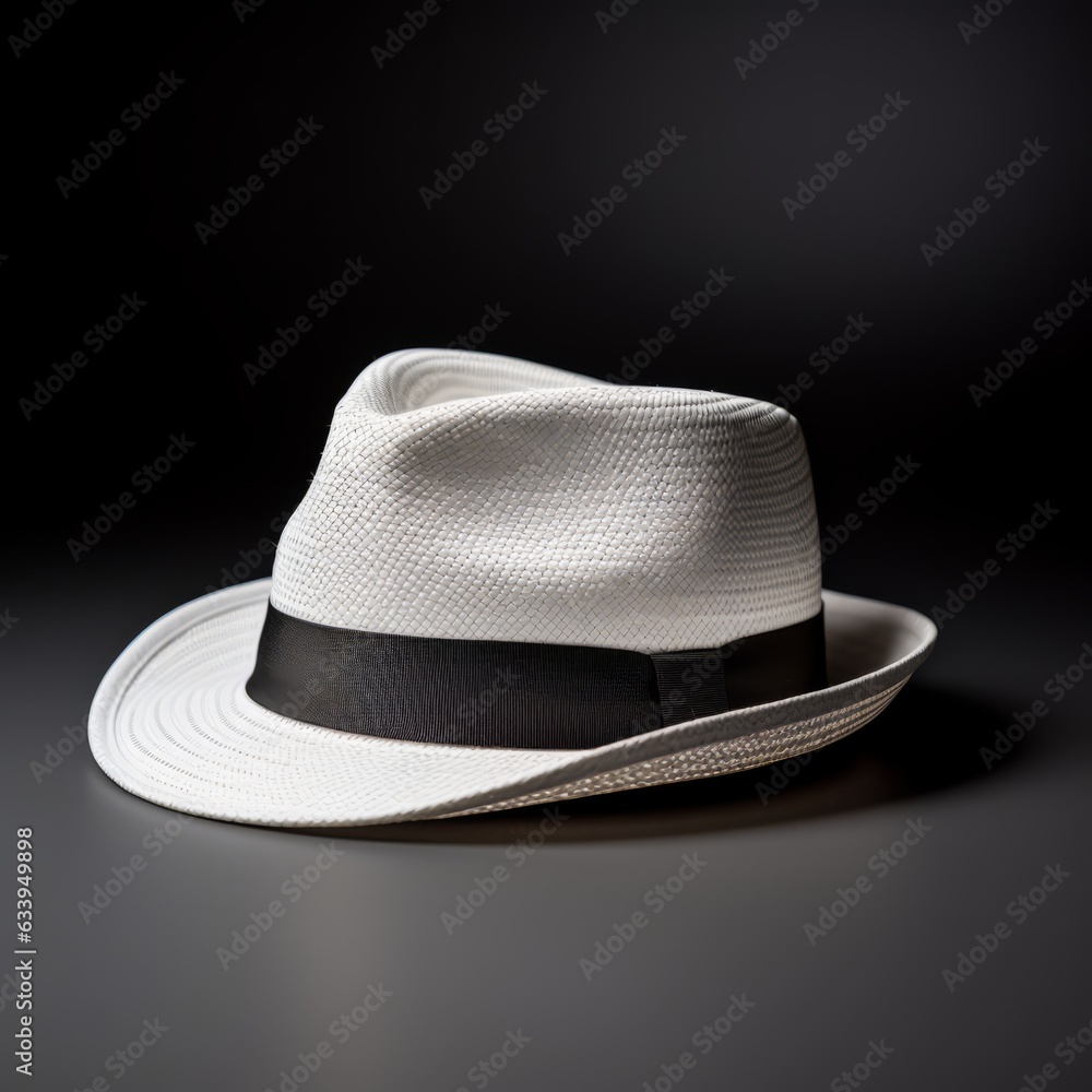Straw fedora hat white color black ribbon isolated on dark background