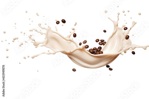 Milk splash with coffee beans isolated on transparent or white background, 16k --ar 3:2