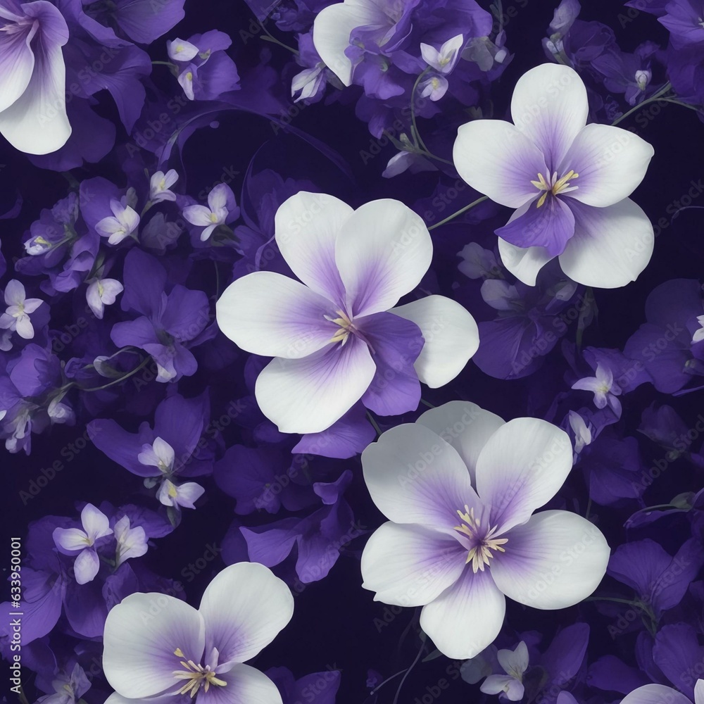 A close-up of a violet flower pattern background with white flowers. AI-Generated. A close-up of a violet flower pattern background with white flowers. AI-Generated.