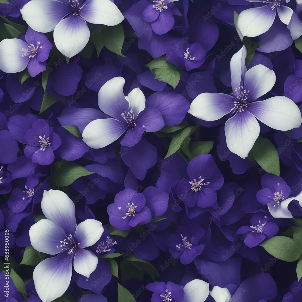 A close-up of a violet flower pattern background with white flowers. AI-Generated. A close-up of a violet flower pattern background with white flowers. AI-Generated.
