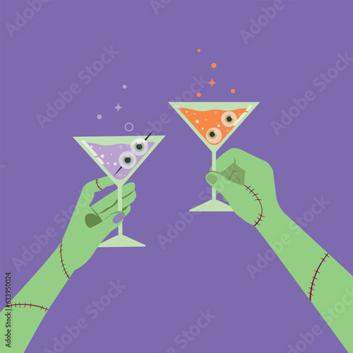 Hands holding glasses of champagne and celebrate for Halloween night party, Cheers,  happy halloween party concept.