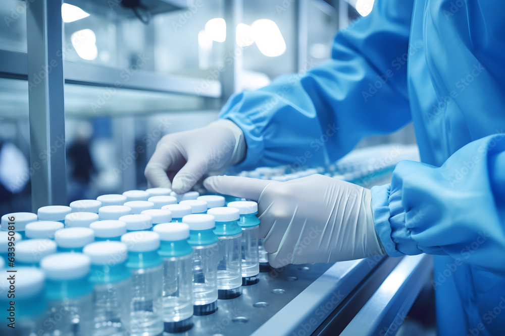 The hand is wearing blue sanitary gloves and is carefully inspecting a row of medical vials that are moving along a conveyor belt. The hand is wearing blue sanitary gloves and is carefully inspecting a row of medical vials that are moving along a conveyor belt.