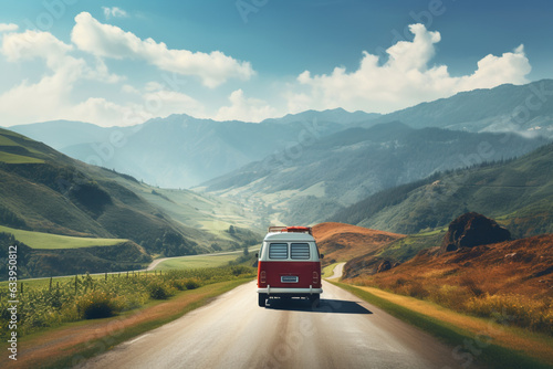 Vintage camper van parked in a middle of a winding mountain road. behind view, endless road covered with mountains. road trip concept © Dinusha