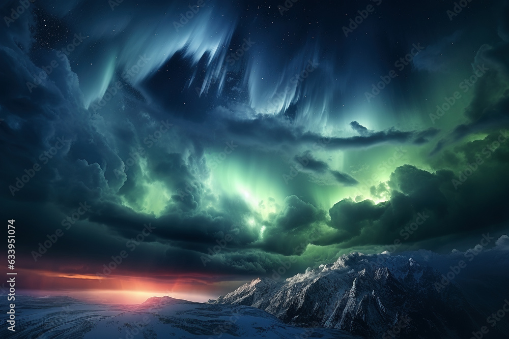 severe storm clouds and northern lights in the atmospheres - Generative AI