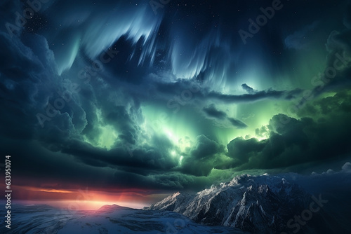 severe storm clouds and northern lights in the atmospheres - Generative AI
