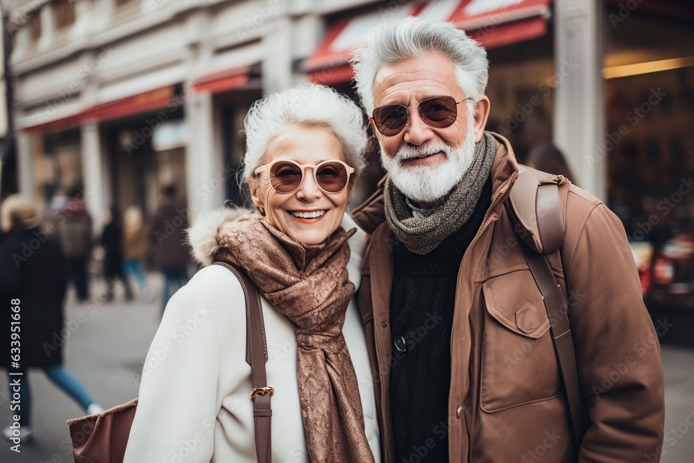 elegant senior couple gray-haired tourists with travel bags elegant senior couple gray-haired tourists with travel bags