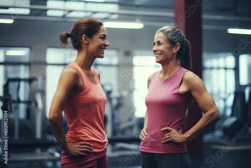 beautiful middle aged women smiling standing in the gym talking