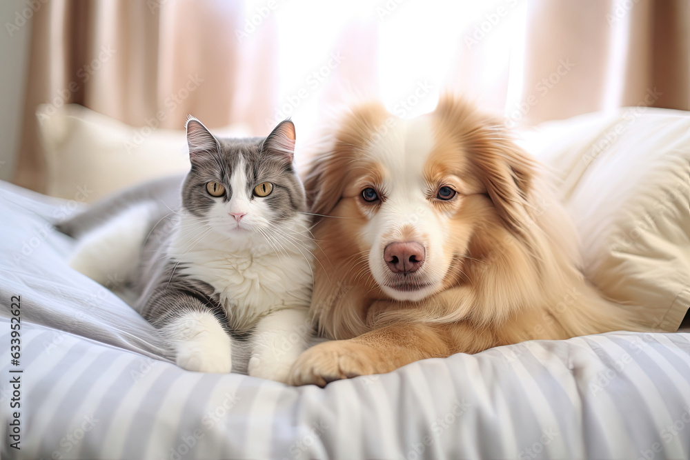 Cat and dog are resting together on the sofa Cat and dog are resting together on the sofa