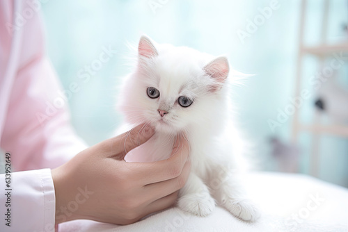 Doctor with white kitty in vet clinic