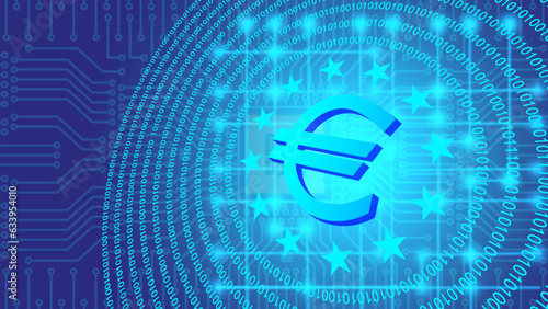 Vector bright blue glowing financial technology poster. 3d digital euro symbol. Computer chip and numbers. Crypto banking.