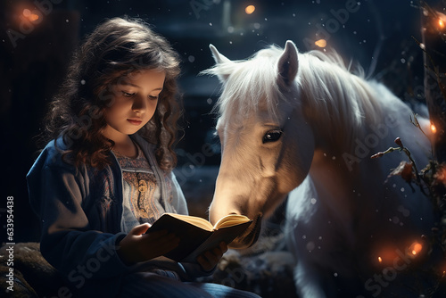 Young girl discovering magic in a book about horses and unicorns. Generative AI.